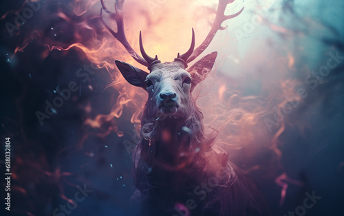 Illustration of a deer in a surreal composition. Ethereal cinematic lighting composition. Smooth and minimalist.