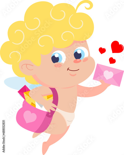 Cute Cupid Angel Cartoon Character Delivering Love Letter. Vector Illustration Flat Design Isolated On Transparent Background
