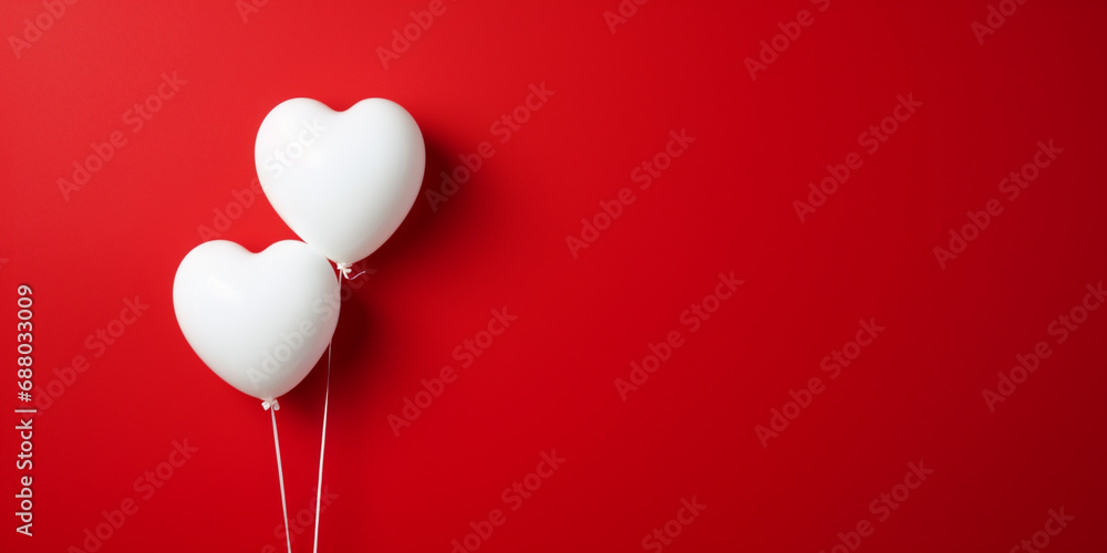 two white heart-shaped balloons on solid red background,copy space,design concept for greeting cards