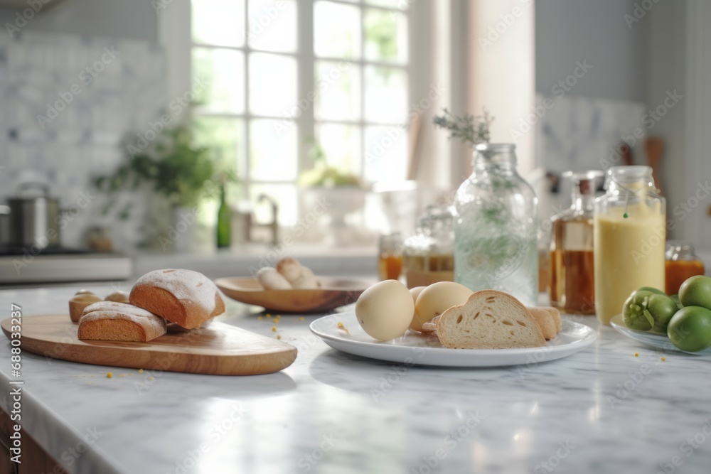marble countertop and blur bokeh modern kitchen interior background in clean and bright marble countertop and blur bokeh modern kitchen interior background in clean and bright