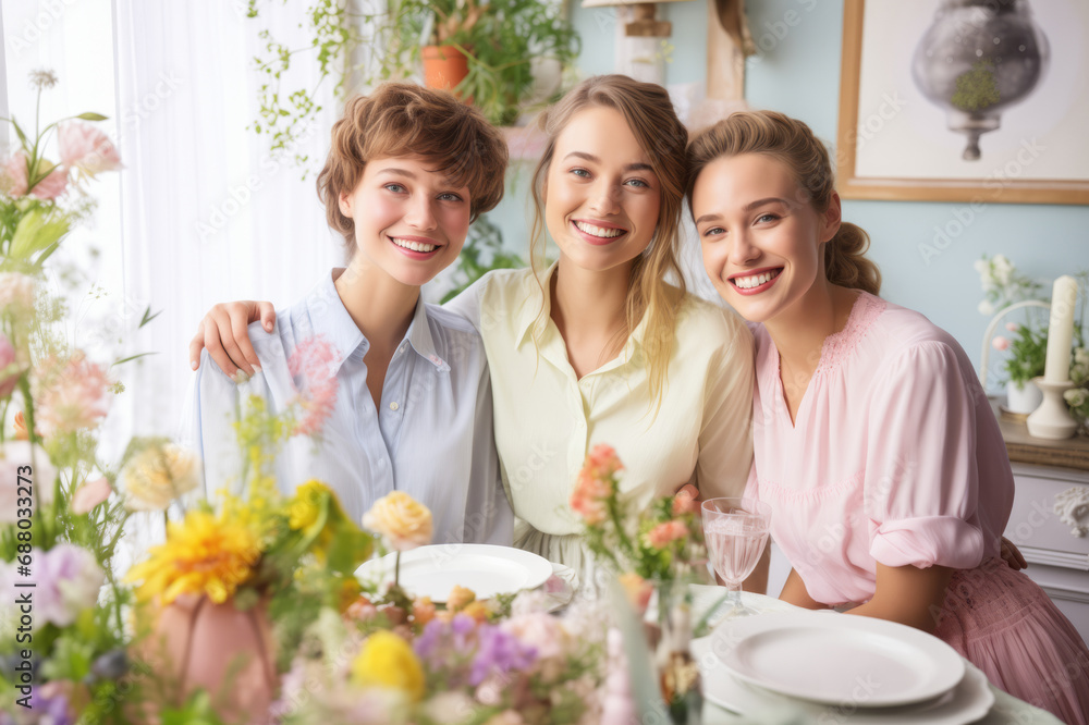 Funny hipster friends wearing Easter bunny ears and fancy outfits sitting by the dinner table. Men and women in fancy pastel colored clothes celebrating Easter indoors.