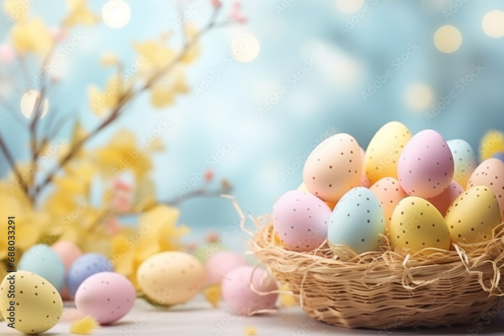 Beautiful pastel Easter eggs in wicker basket on light shining background. Celebrating Easter. Holiday banner. Easter postcard.