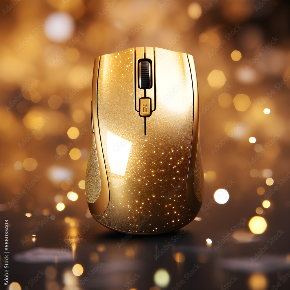 A gold wireless mouse on gold background, studio shot, golden computer