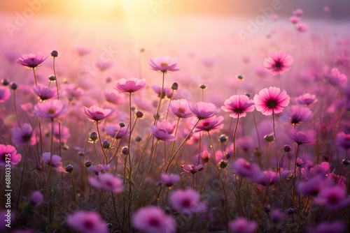 Purple wild flowers blossoming in foggy spring meadow on sunny sunrise. © MNStudio