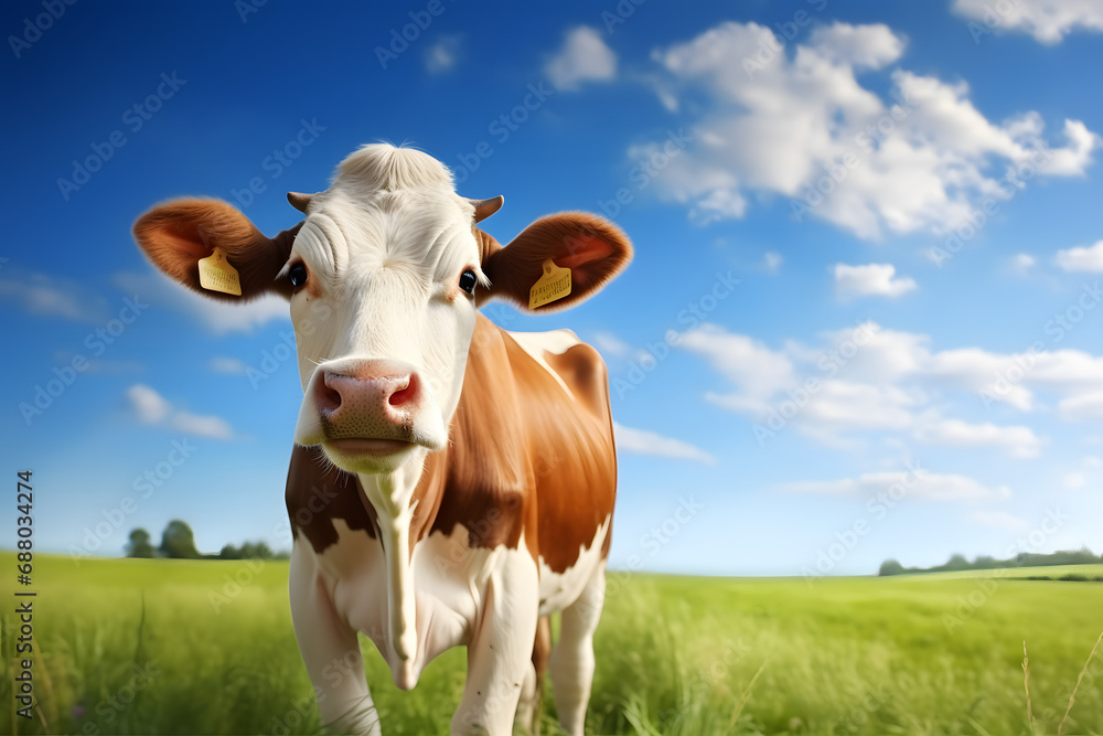 Cow on green grass and blue sky. Animal background. Cow on green grass and blue sky. Animal background.
