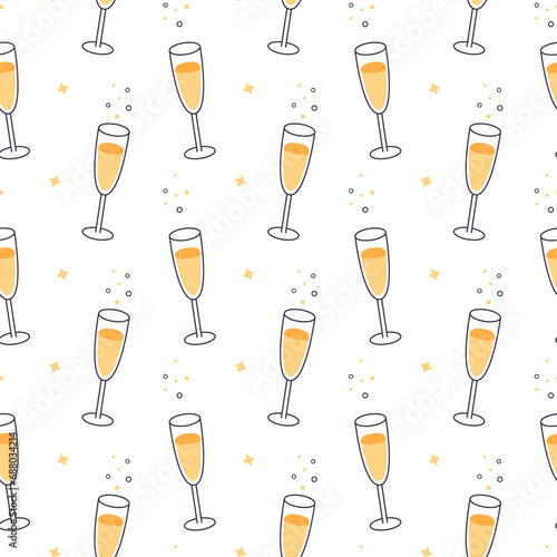 Pattern of champagne  glasses with drink with little bubbles on white background. Sparkling drink in  glasses seamless pattern.