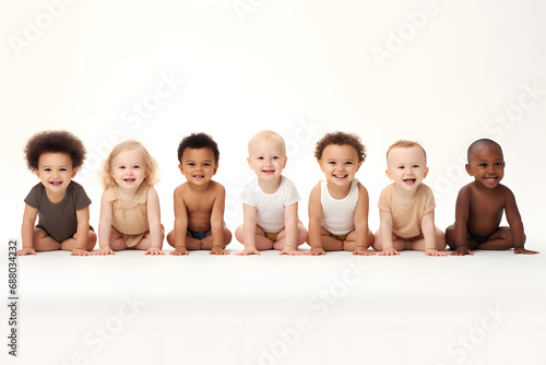 Group of different multiracial children on white background. photo