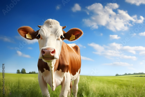 Cow on green grass and blue sky. Animal background.