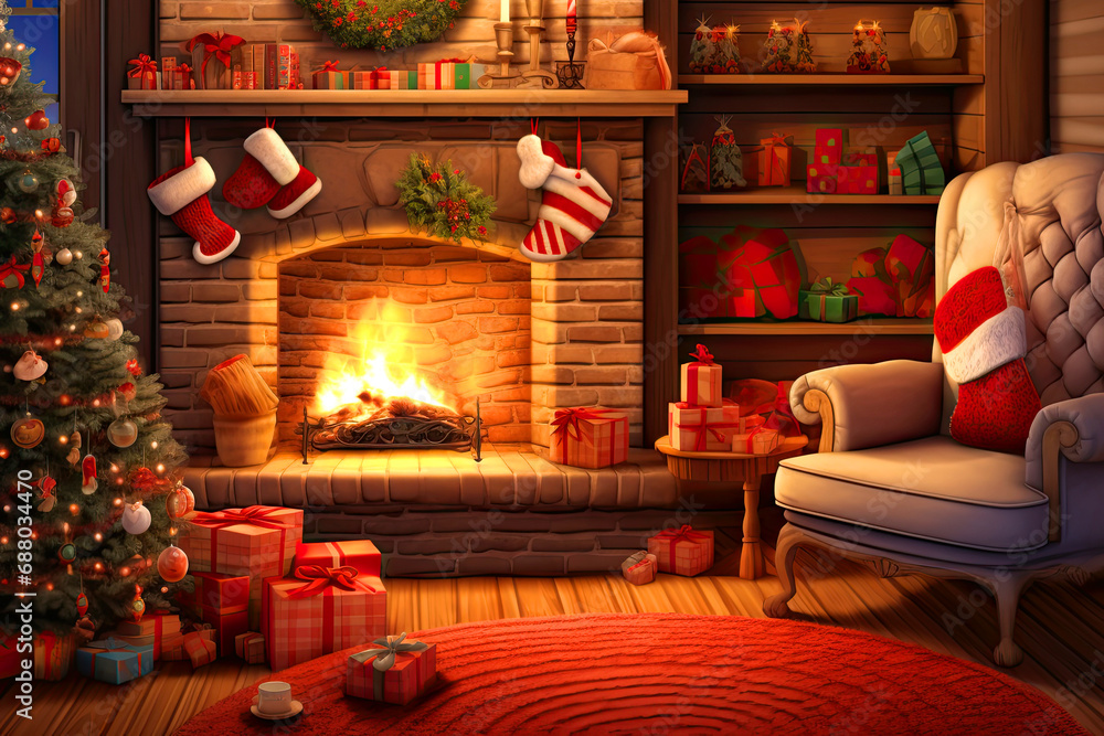 Cartoon Christmas card. Christmas cozy living room with fireplace