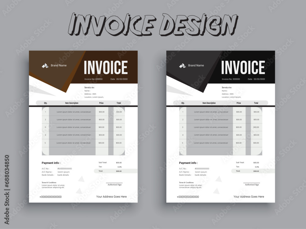 Invoice Design. Business invoice form template. Invoicing quotes, money bills or pricelist and payment agreement design templates. Tax form, 
bill graphic or payment receipt.