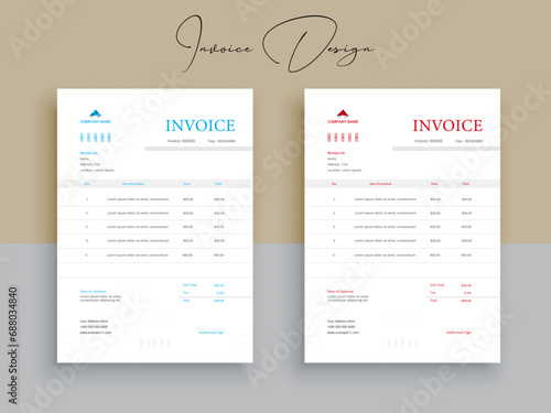 Invoice Design. Business invoice form template. Invoicing quotes, money bills or pricelist and payment agreement design templates. Tax form, 
bill graphic or payment receipt.