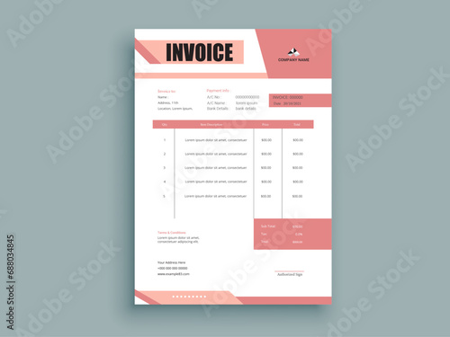 Invoice Design. Business invoice form template. Invoicing quotes, money bills or pricelist and payment agreement design templates. Tax form, 
bill graphic or payment receipt. photo