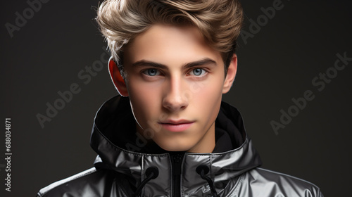 An artistic portrait of a teenage youth isolated on a grey backdrop, concepting skincare, health and fashion for a healthy lifestyle.