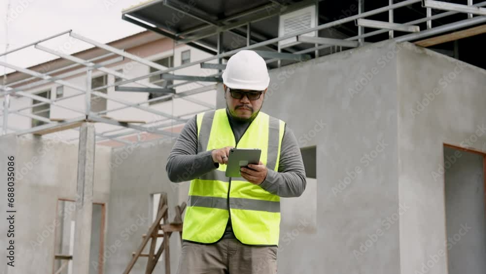 custom made wallpaper toronto digitalEngineer manager foreman young Asian worker architect designer Wear white safety helmet. Checking the work queue of housing project from tablet. It is outside the building that is not yet finished.