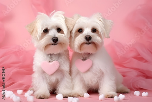 Cute couple dog posing in love on pastel background. Happy Valentine's day. © Pacharee