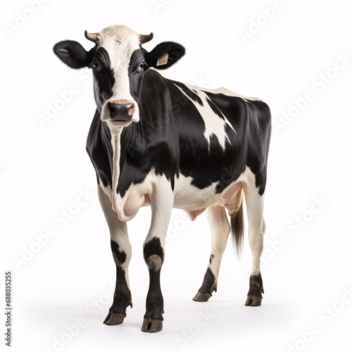 A black-and-white, full-length, upright cow stands alone on a plain backdrop.