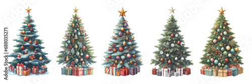 クリスマスツリーの水彩イラストの素材セット