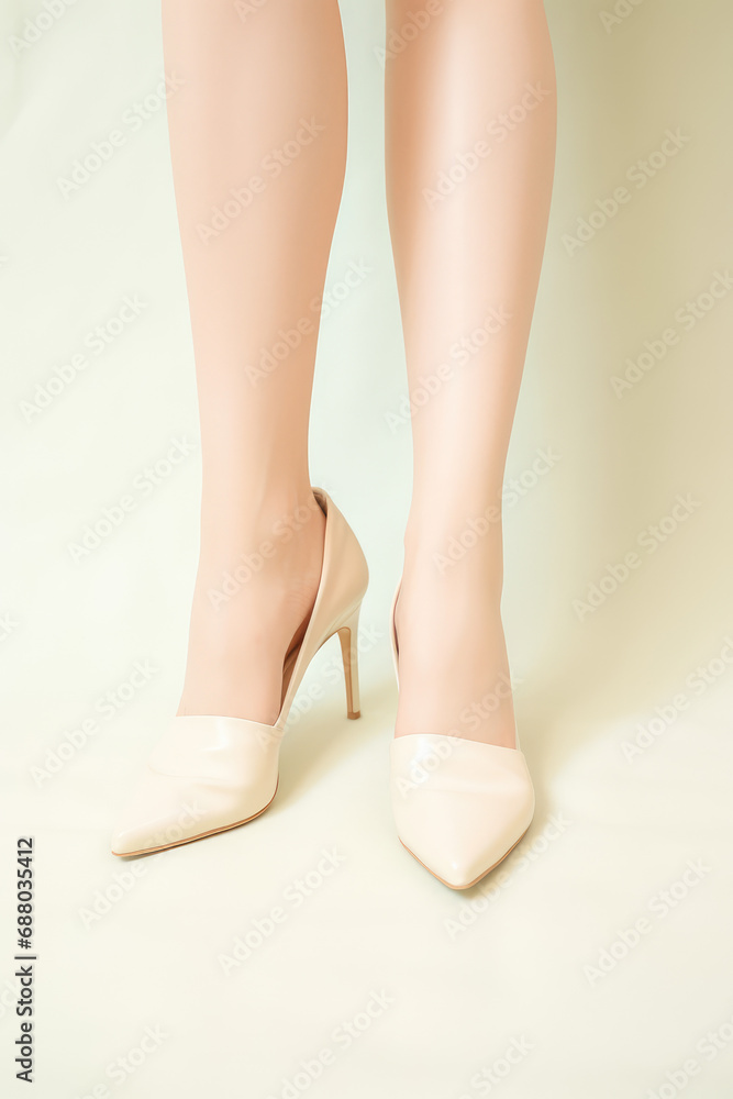 Fototapeta premium Closeup of beautiful female legs with smooth skin in fashionable shoes isolated on flat white background with copy space. Creative banner template for shoe store.