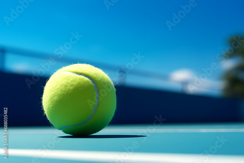 Tennis ball on tennis court. Sporty background. © Pacharee