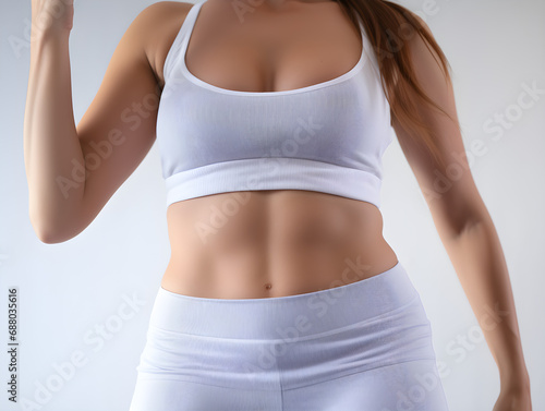 Close up of woman belly with abs abdominal in white sportswear, concept of healthy body active lifestyle people and diet results, health food nutrition, on white background  © Jira
