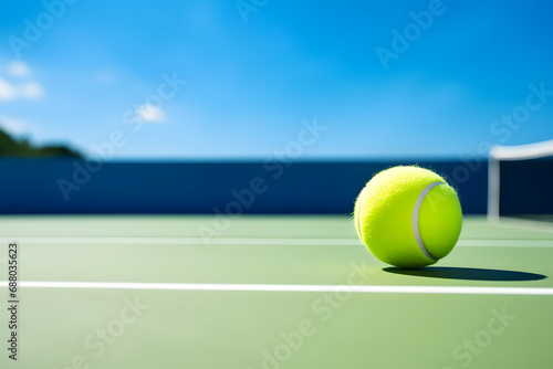 Tennis ball on tennis court. Sporty background. © Pacharee