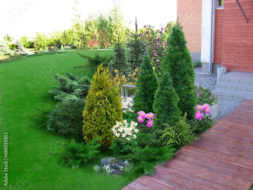 Example of backyard decorating and grouping plants, 3D render