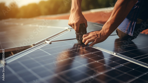 A technician is securely mounting photovoltaic solar panels on a house roof, using a hex key and illustrating the notion of eco-friendly energy.