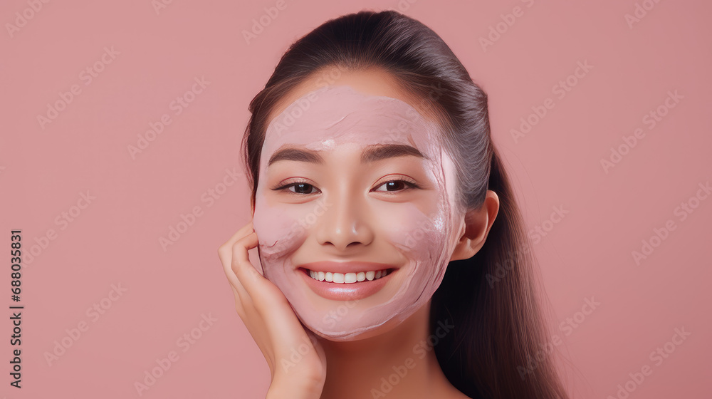 Portrait of a young Asian girl with a cosmetic mask on her face. Cosmetic mask for troubled teenage skin, Korean cosmetics for skin moisturizing and cleansing, pink background. Portrait of a young Asian girl with a cosmetic mask on her face. Cosmetic mask for troubled teenage skin, Korean cosmetics for skin moisturizing and cleansing, pink background.