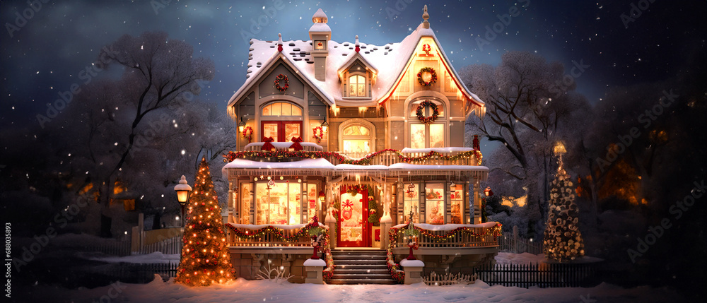 Fairytale Christmas house in winter forest at night, festive web banner