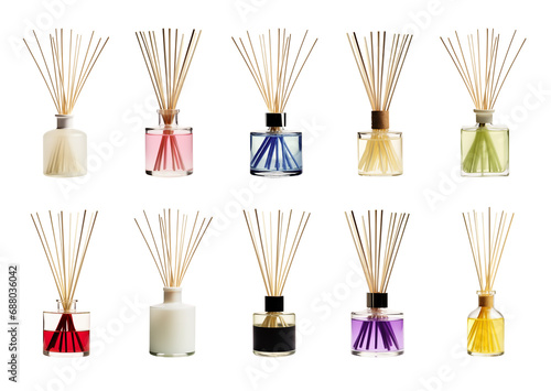 Diffuser set - Reed diffusers - Aromatherapy - essencial oil - pen tool premium cutout Transparent PNG - Various color and designs - Mockup photo