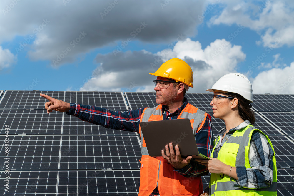 Young engineer inspect installation of solar panels installed check with blueprint on the field, with recording inspection data on pc. Young engineer inspect installation of solar panels installed check with blueprint on the field, with recording inspection data on pc.