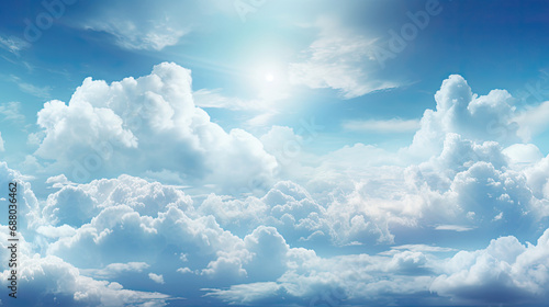 Wide cloudy blue clear sky atmosphere with wispy clouds in summer created with Generative AI Technology  photo