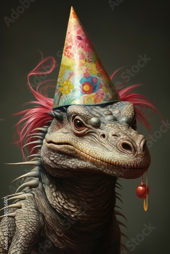 Funny dinosaur with party hat on gray background. Fantasy animal