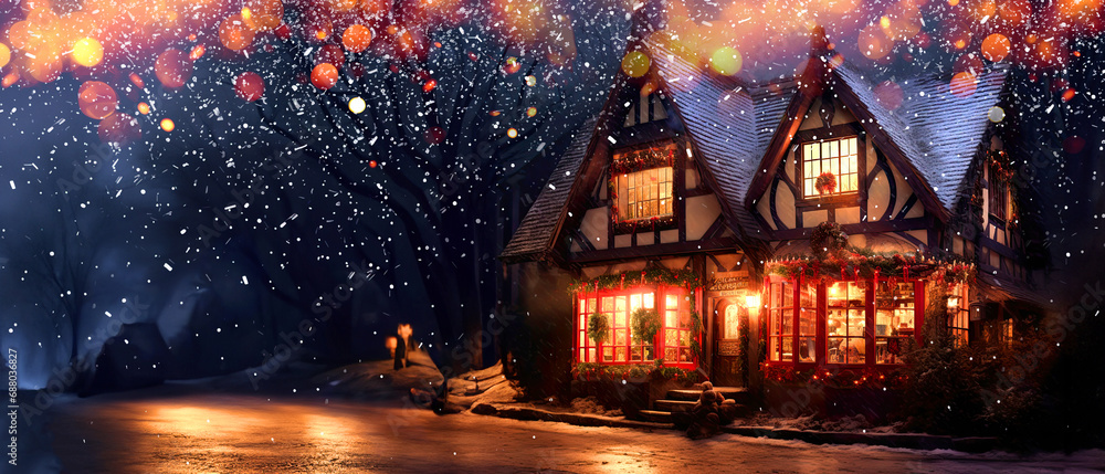 Fairytale Christmas house in winter forest at night, festive web banner with copy space for text