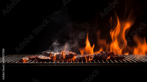 Sizzling Grill Background: Empty Fired Barbecue on Black - Culinary Art and Gourmet Cooking Concept for Tasty Summer Outdoor Grilling and Picnic Parties.