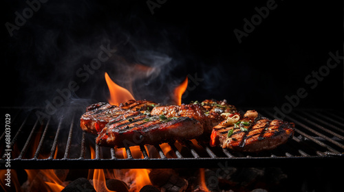 Sizzling Grill Background: Empty Fired Barbecue on Black - Culinary Art and Gourmet Cooking Concept for Tasty Summer Outdoor Grilling and Picnic Parties.