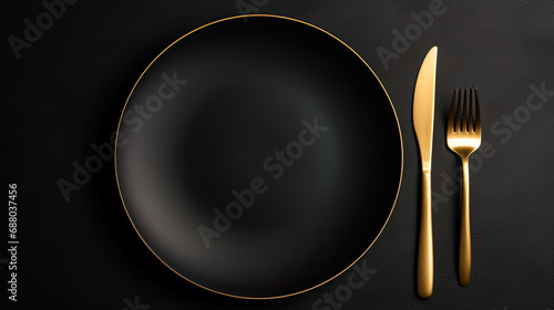 top view empty black plate with gold fork and gold spoon on a black background