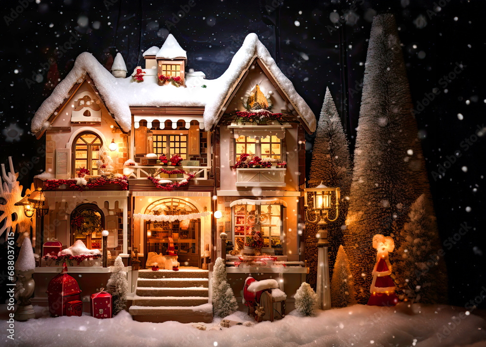 Fairytale Christmas house in winter forest at night, festive card
