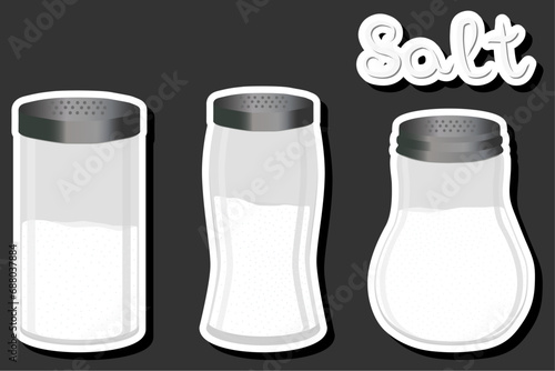 Illustration on theme big set different types ware filled salt for organic cooking