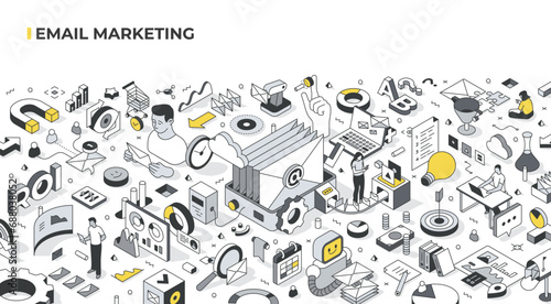 Email marketing concept. Production line with emails moving along conveyor belt. Process of delivering message to targeted people that includes design, content writing, scheduling and sending