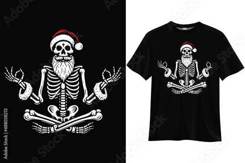 Skull Santa Claus sits in a lotus position, engaged in yoga.