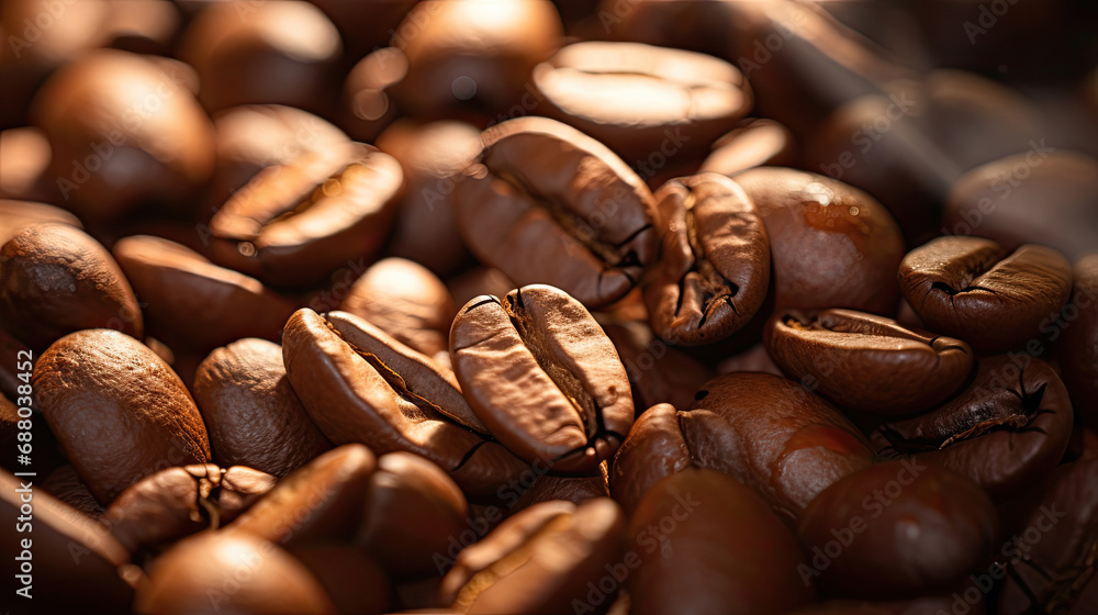 macro closeup roasting high quality Liberica Arabica Robusta espresso coffee beans with golden aroma lights macro closeup roasting high quality Liberica Arabica Robusta espresso coffee beans with golden aroma lights