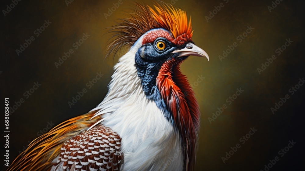 a colorful portrayal of a pheasant, its ornate plumage and regal demeanor depicted in striking colors on a pristine white canvas, symbolizing elegance and sophistication.
