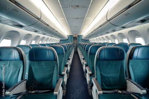 Empty passenger jet airplane with modern seats in the cabin. Travel concept of holiday and vacation.