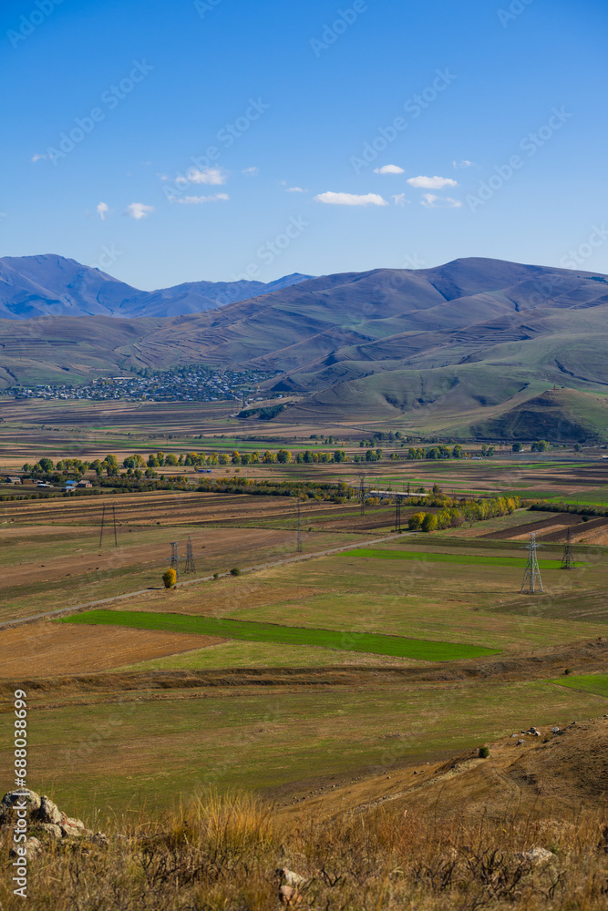 Rural landscape with fields and mountains, Armenia