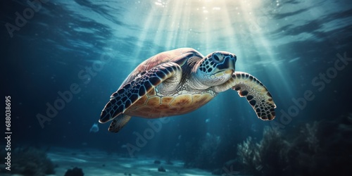 Sea turtle multicolored deep underwater is sunny rays. Ocean life, wildlife. Conservation species and population © svetlana_cherruty