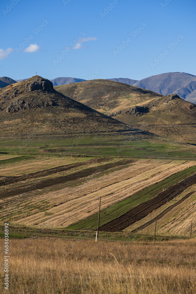Rural landscape with fields and mountains, Armenia