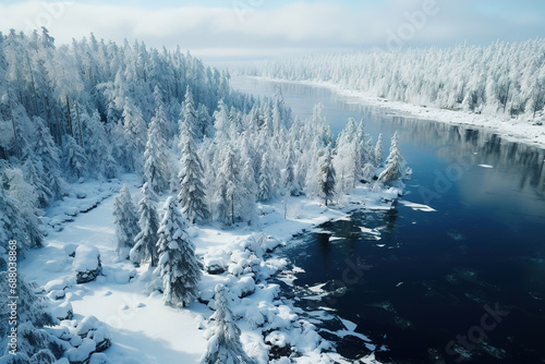 aerial photography of snow-covered land and trees beside blue body of water