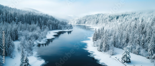 aerial photography of snow-covered land and trees beside blue body of water © Uwe
