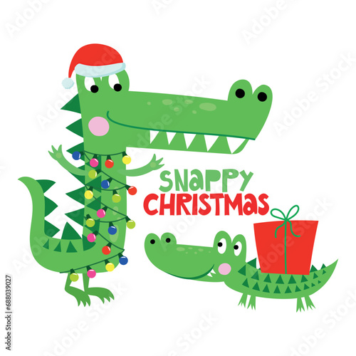 Snappy Christmas - Funny phrase for Christmas with cute crocodile. Hand drawn lettering for Xmas greetings cards, invitations. Good for t-shirt, mug, scrap booking, gift.
